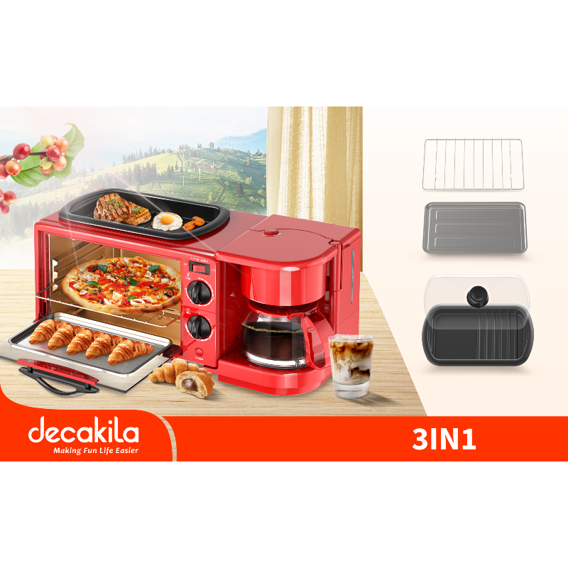 Decakila Breakfast Maker 1050W 3 in 1 Multi Function 9L Oven Coffee Maker & Fryer Including Accessories Coffee Pot Frying Pan Bake Rack Bake Tray KEEV003R