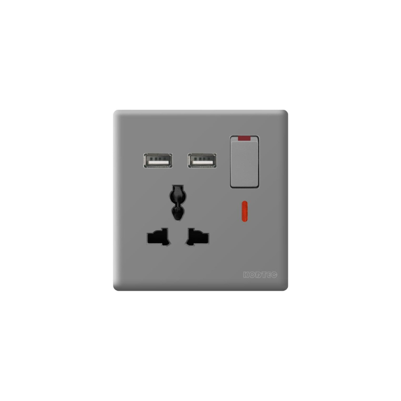 Kodtec Socket Single 3 Pin 2 USB Mult Gray KT-95MT-USB-SO