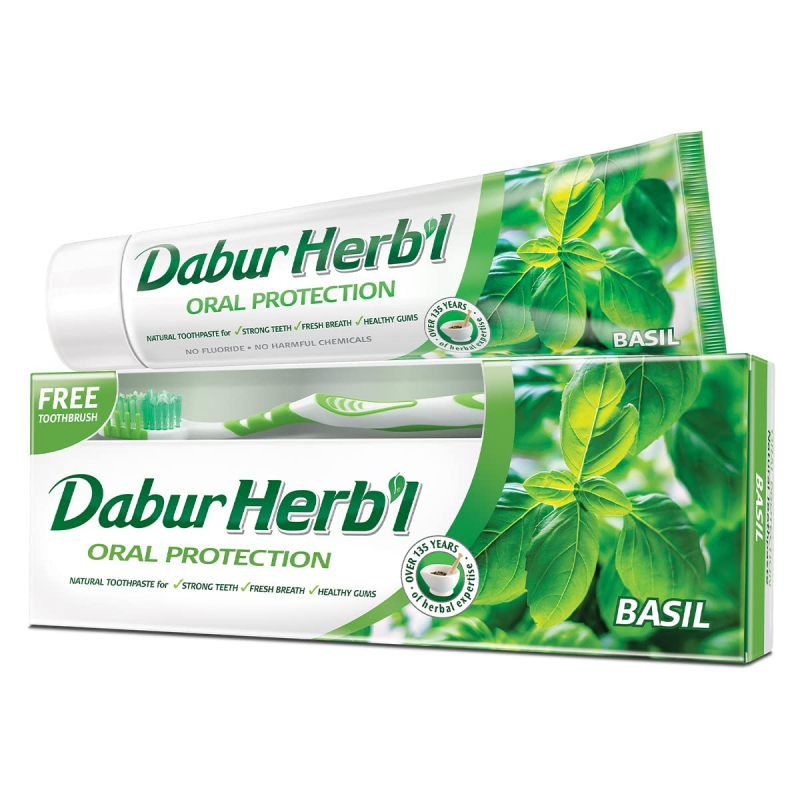 Dabur Herbal Toothpaste 150g No Brush Basil (Pack of 6)