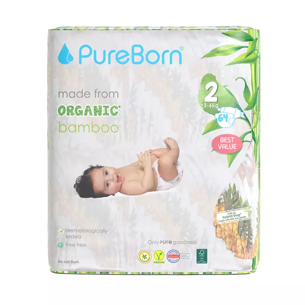 Pure Born Nappies Size 2, 3-6kg, 1-4 Months (Pack of 64pcs)