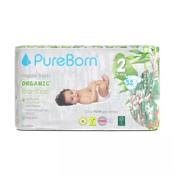 Pure Born Nappies Size 2, 3-6kg, 1-4 Months (Pack of 32pcs) ..