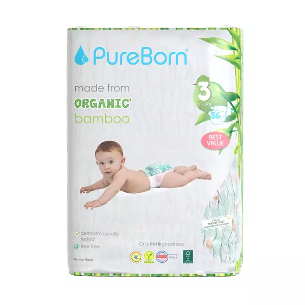 Pure Born Nappies Size 3, 5.5-8kg, 2-8 Months (Pack of 56pcs)