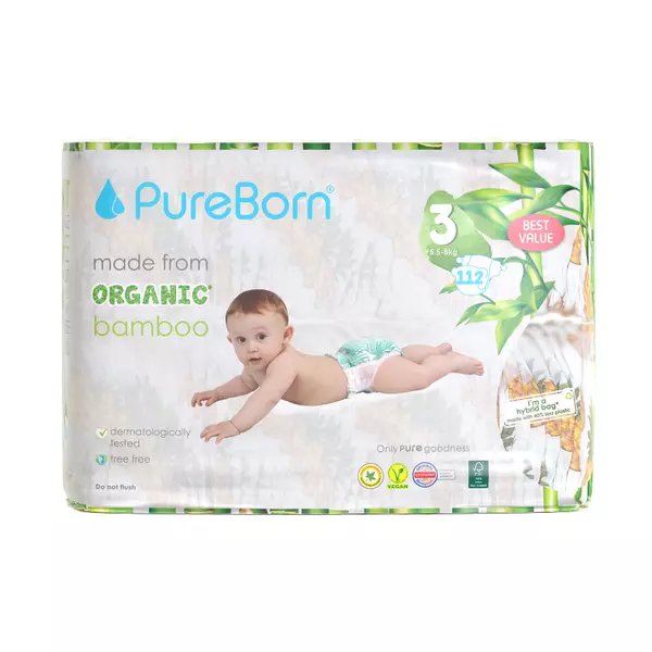 Pure Born Nappies Size 3, 5.5-8kg, 2-8 Months (Pack of 112pcs)