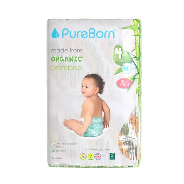 Pure Born Nappies Size 4, 7-12kg, 6-12 Months (Pack of 48pcs)