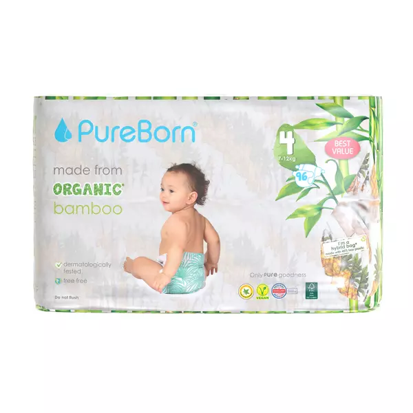 Pure Born Nappies Size 4, 7-12kg, 6-12 Months (Pack of 96pcs)