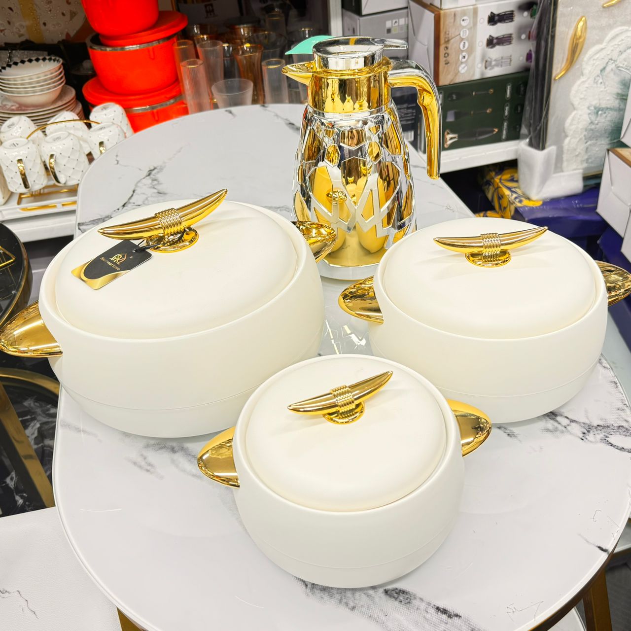 3 Pieces White and Gold Strip Hotpot Set 1 Piece Gold Flask Food Warmer Set - WNS250HT