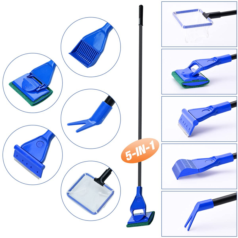 Aquarium Cleaning Set Interchangeable 5in1 with Fish Net, Scrubbing Pad, Gravel Rake, Glass Scraper & Plant Fork SW-51A