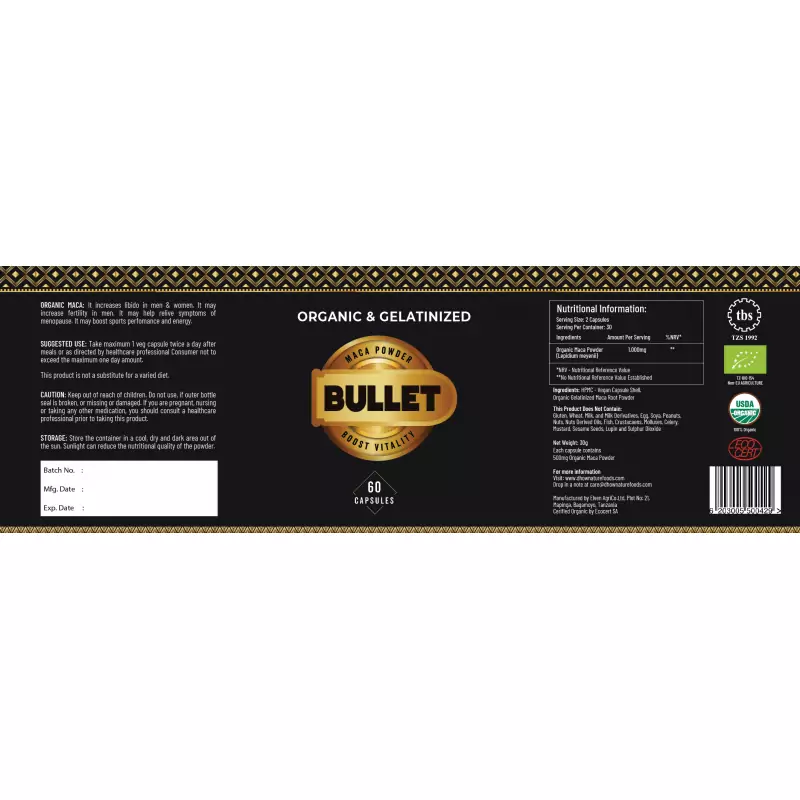 Bullet Organic Maca Powder Capsules 1Bottle/60pc Boosts Performace, Vitality & Strength 500mg