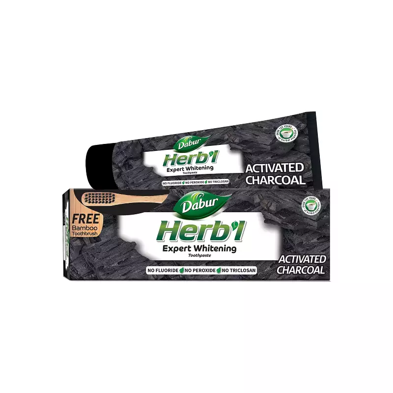 Dabur Herb'l Toothpaste Activated Charcoal Enriched with Activated Charcoal, For Healthy Gums & Strong Teeth, 150g with Brush (Pack of 6)