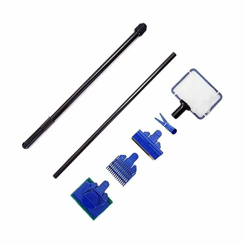 Aquarium Cleaning Set Interchangeable 5in1 with Fish Net, Scrubbing Pad, Gravel Rake, Glass Scraper & Plant Fork SW-51A