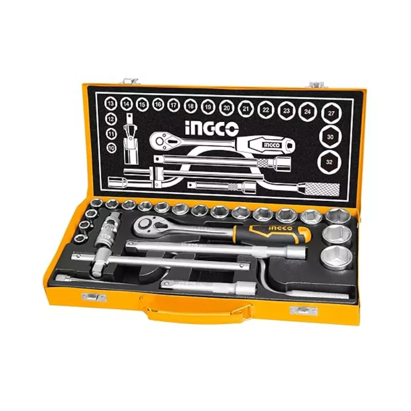 Ingco Socket Set 24Pcs 1/2" with Cr-V Material, Heat treated & Chromed Plated HKTS0243