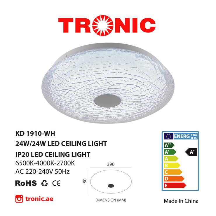 Tronic Patterned White Glass LED Changeable (3 Shades) Ceiling Light