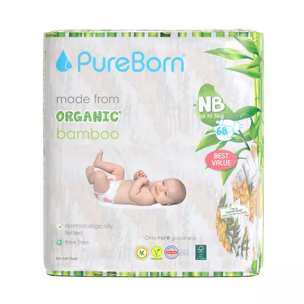 Pure Born Nappies New Born, 0-5kg, 0-4 Months (Pack of 68pcs)