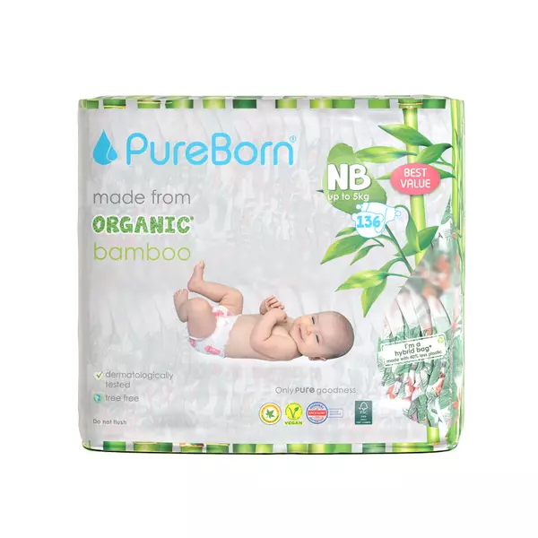 Pure Born Nappies New Born, 0-5kg, 0-4 Months (Pack of 136pcs)