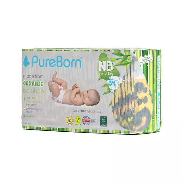 Pure Born Nappies New Born, 0-5kg, 0-4 Months (Pack of 34pcs)