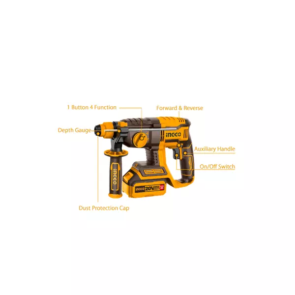 Ingco Cordless Rotary Hammer Lithium-ion 20V with Brushless Motor, Integrated LED Work Light CRHLI202081