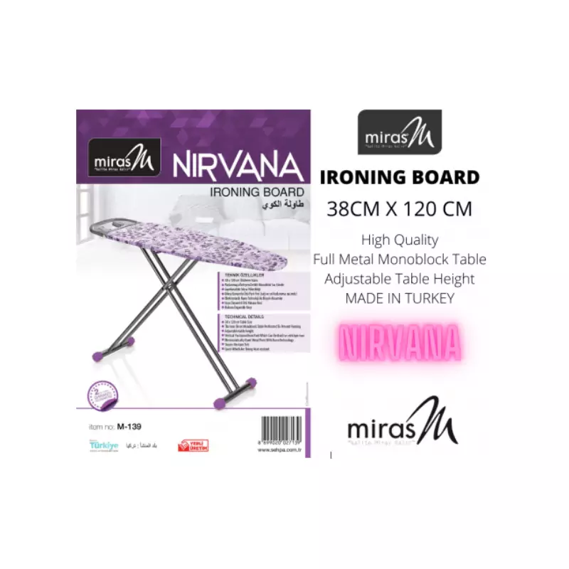 Miras Ironing Board Nirvana 38cm x 120cm Monoblock Metal Table M-139