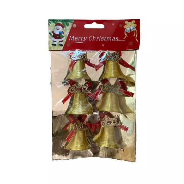 Christmas Decoration Medium Gold Bells Merry Christmas No.21 6pc Pack